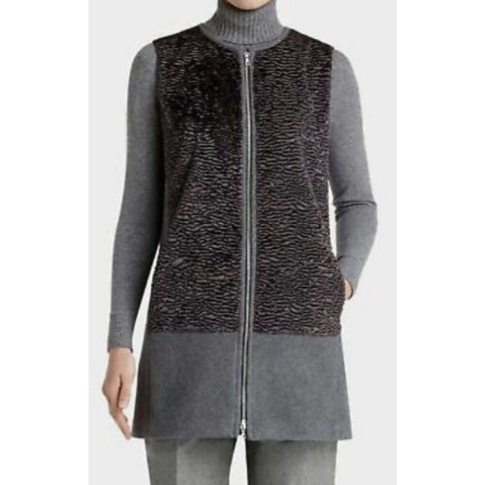 Lafayette 148 New York Gray Wool Blend Zip Front Tamer Vest Faux Fur Medium